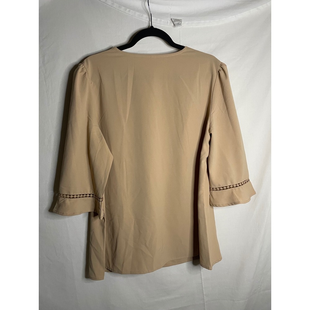 Evaless Tan V-Neck Blouse 3/4 Sleeve Crochet Lace Ruffle Cuff Top - Picture 3 of 10